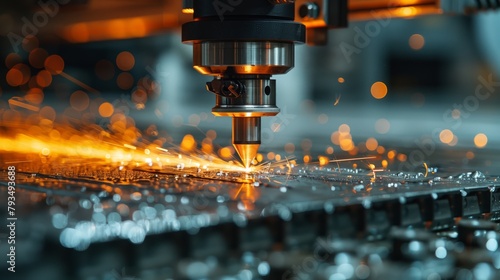 Industrial CNC Laser Cutting Metal with Sparks. CNC laser cutter at work on metal material, generating intense sparks and a reflection of the manufacturing process.