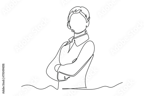 Continuous one line drawing female customer service wearing headphone. Marketing Concept. Single line draw design vector graphic illustration.