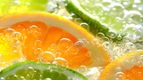 Sparkling water with fruit and ice, slices of orange and green lime, bubbles of fruit juice, an orange and yellow color scheme against a gradient background, effervescent, refreshing, vibrant.