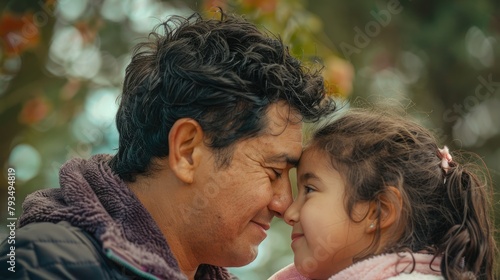 In the park a Hispanic father lovingly embraces his young daughter as they share a heartwarming moment outdoors gazing into each other s eyes with bright smiles