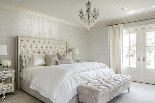 White master bedroom with an elegant glass chandelier, a tufted bench at the foot of the bed, and soft patterned wallpaper.