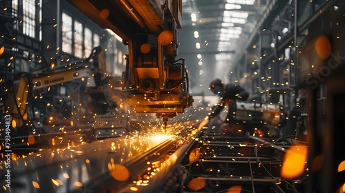 An industrial robot is welding a metal beam in a factory, sparks are flying