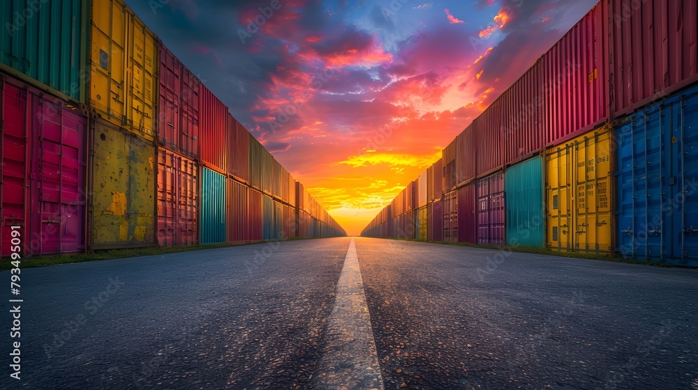 Fototapeta premium At sunset, colorful shipping containers, with a cargo container ship and cargo plane being loaded and unloaded by a crane bridge in the busy shipyard, highlight logistics and transportation operations