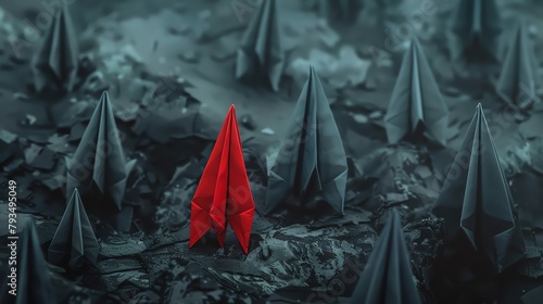 Scene of a red leader paper plane standing out amidst a group of others on an empty copy space background photo