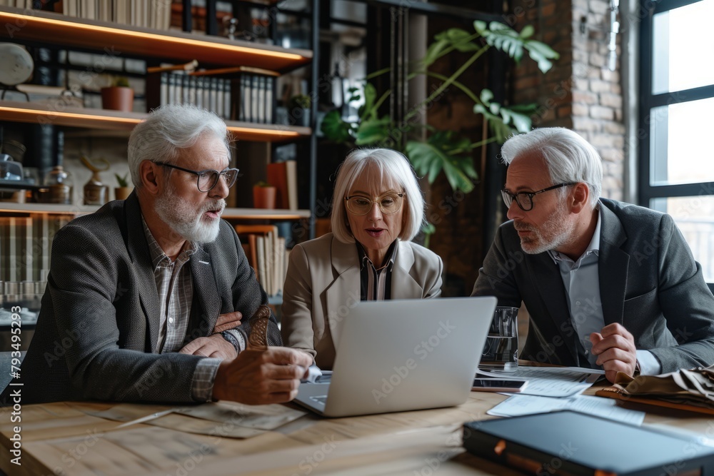 senior businesspeople working together with laptop at table in modern office senior businesspeople working together with laptop at table in modern office