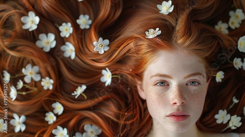 Lovely young lady conveying impeccable haircare with wispy white blooms ordered in her red hair wavy hair and space, Generative AI.