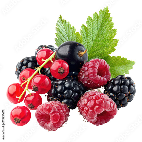 An isolated transparent background showcases a vibrant mix of black currants and raspberries with leaves photo