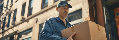 The postal workers friendly demeanor shines through as they stand ready to deliver the cardboard box with care photo