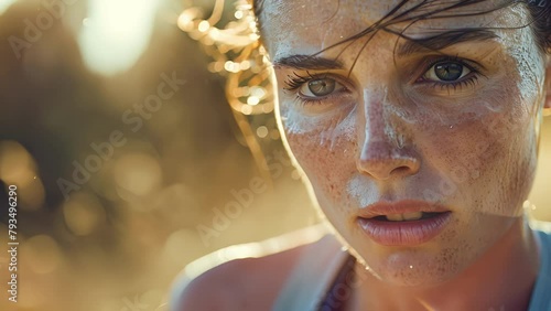 Closeup of a womans sweatdrenched face as she jogs along a scenic path the determination in her expression a testament to the importance of regular physical activity for overall health. . photo