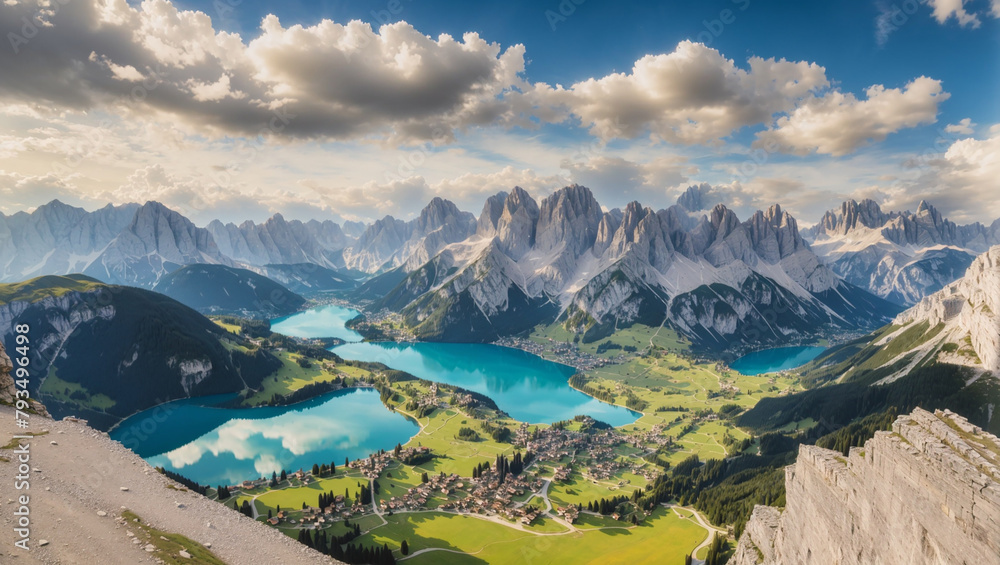 This is an aerial view of a valley in the mountains. There are two blue lakes in the valley, surrounded by green meadows and forests. There is a small village on the shore of one of the lakes. The sky