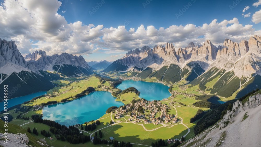 This is an aerial view of a valley in the mountains. There are two blue lakes in the valley, surrounded by green meadows and forests. There is a small village on the shore of one of the lakes. The sky