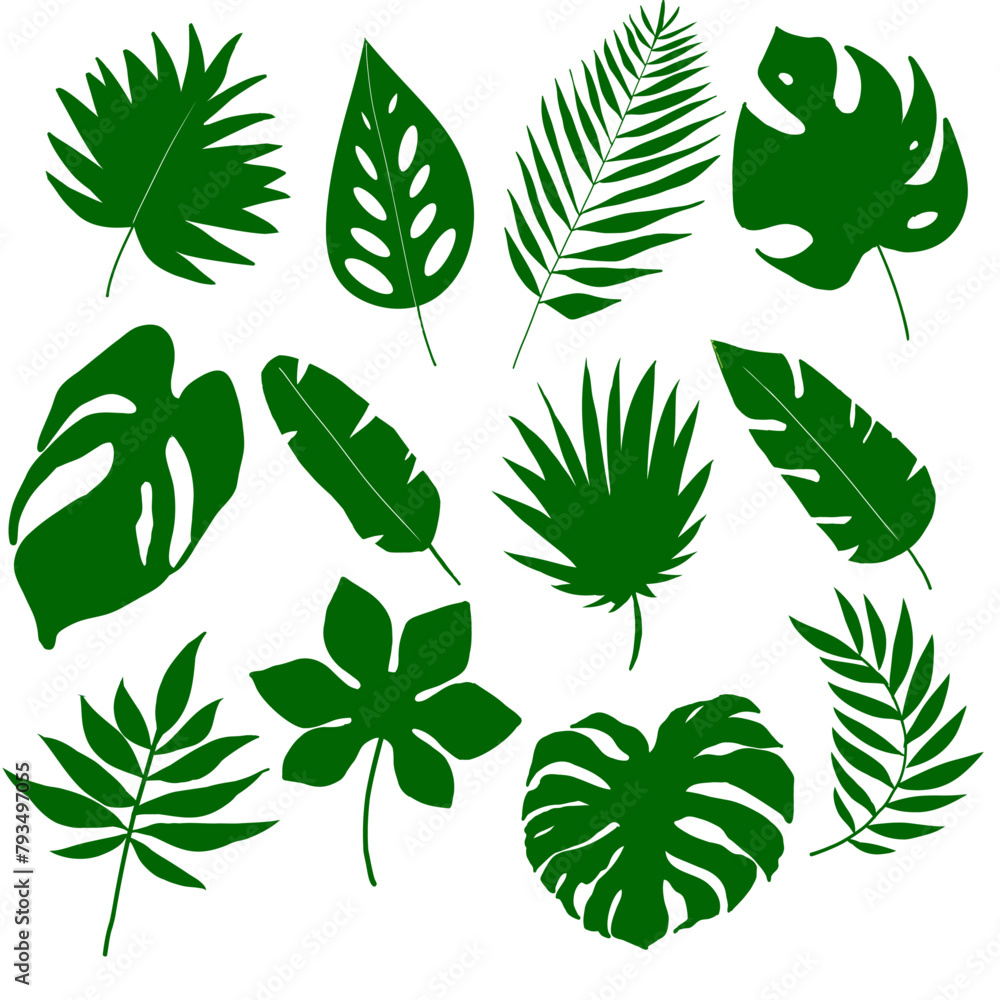 Tropical leaf icons (abstract, jungle, forest, leaves, simple, set)