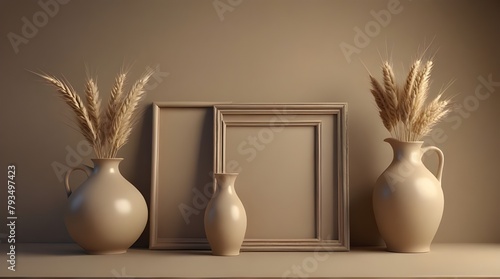 beige frame two jugs and rectangular vase with spike .Generative AI photo
