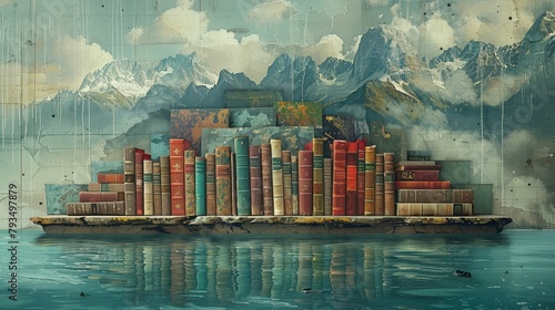 A painting of a bookshelf in front of a mountain landscape.