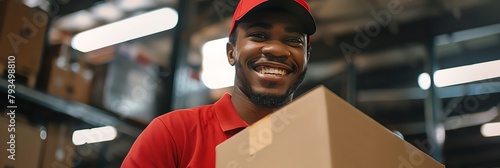 With a warm smile and a firm grip on the box, the postal worker exemplifies a commitment to providing friendly and efficient delivery service photo