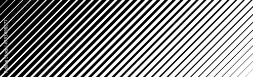 Oblique line halftone gradation texture. Fading diagonal stripe gradient background. Slanted pattern backdrop. Thin to thick stripe vanish backdrop for overlay, print, cover. Vector wide background