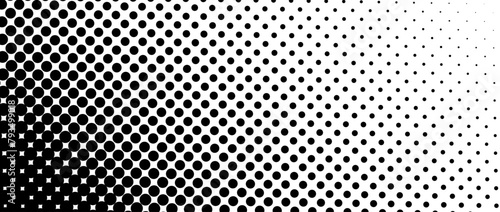 Dotted halftone diagonal texture. Fading polka dot tint gradient background. Repeating dots gradation pattern. Black vanishing comic pop art overlay backdrop. Raster effect wallpaper. Vector
