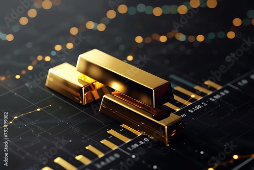 Visualize a striking image of a growth gold bar amidst a financial investment stock diagram on a black profit graph background, representing the concept of global economy trade and capital marketing photo