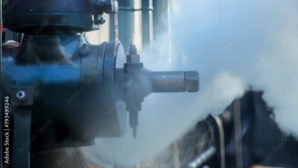 A closeup shot of a biofuel trams engine featuring a prominent biofuel only label. The engine emits white smoke showcasing its clean emissions. . A closeup shot of a biofuel trams engine featuring a prominent biofuel only label. The engine emits white smoke showcasing its clean emissions. .