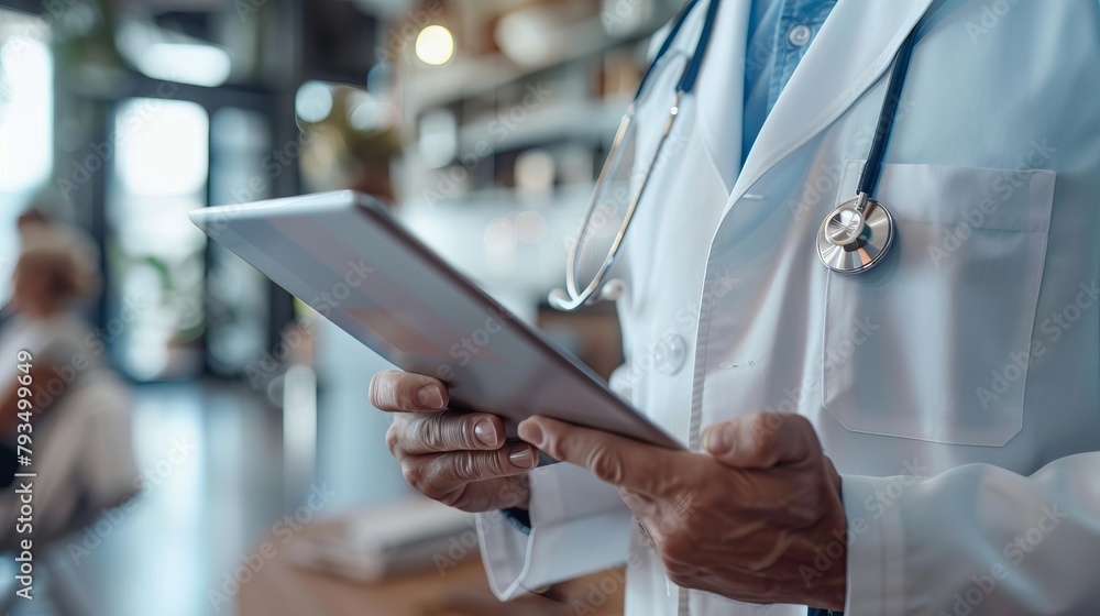 An earnest medical professional in a white coat, with a stethoscope draped around their neck, holding a tablet and discussing treatment options with a patient. An earnest medical professional in a white coat, with a stethoscope draped around their neck, holding a tablet and discussing treatment options with a patient.