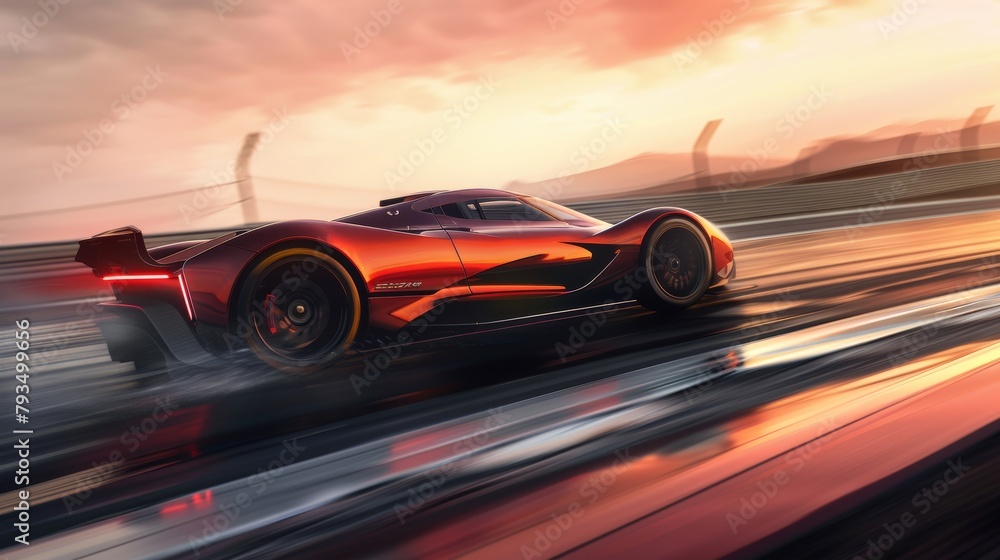Fototapeta premium Side view of a hypercar racing at breakneck speeds on a VR track, blending digital elements with realistic environmental dynamics