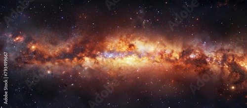 A vast galaxy displaying a striking bright orange center surrounded by numerous twinkling stars in the cosmic expanse
