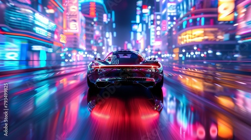 Advanced design car navigating through a digital city, holographic ads reflected on shiny surfaces, vibrant, hyper-realistic