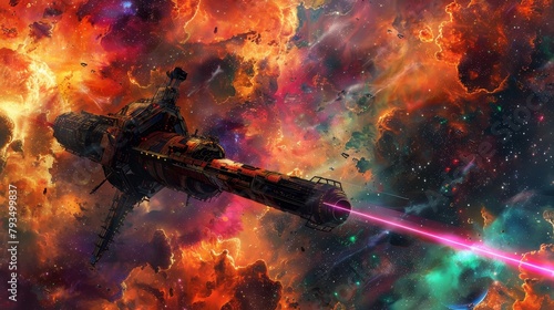 Aged orbital outpost detailed in rust and wear, vivid lasers streak, set against a colorful cosmic nebula, moody atmospheric effects photo