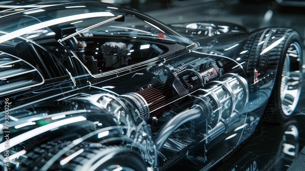 High-contrast, detailed engine view through the transparent body of a concept car, in a simple yet elegant garage setting