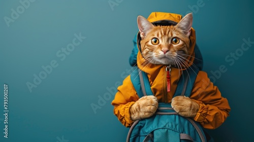 A tourist cat with a backpack on a blue background.