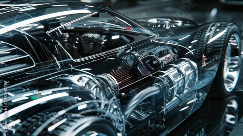 High-contrast, detailed engine view through the transparent body of a concept car, in a simple yet elegant garage setting