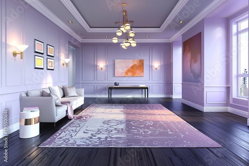 An airy  open-concept living room with soft lavender walls  a luxurious  textured rug on dark hardwood floors  minimalist furnishings  and statement lighting fixtures creating a warm ambiance.