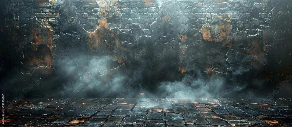 Fototapeta premium A dimly lit room with a brick floor is seen releasing smoke, creating an eerie atmosphere