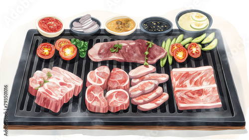Assorted raw meats and vegetables on a grill with various sauces, ready for cooking.
