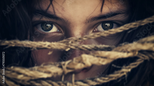 Intense eyes looking through a gap in a frayed rope, conveying a sense of intrigue or suspense.