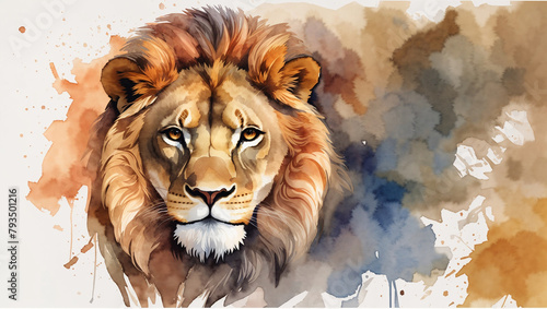  a watercolor painting of a lion's face. The lion is looking at the viewer with its mouth closed. Its fur is a light brown color, and the background is a light yellow color.