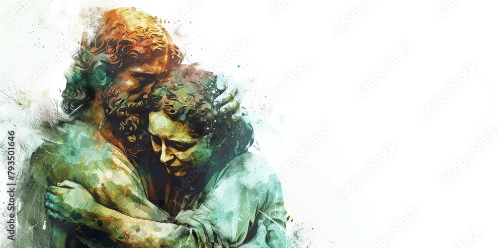 The Divine Embrace and Comforting Presence - Picture a divine figure embracing someone in sadness, illustrating the comforting presence of a higher power in times of need The Divine Embrace and Comforting Presence - Picture a divine figure embracing someone in sadness, illustrating the comforting presence of a higher power in times of need