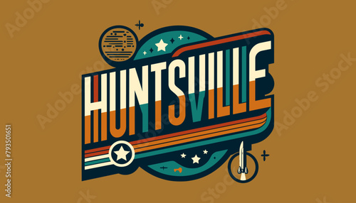Modern Rocket-Themed Huntsville Graphic Design Poster with Stars and Bicycle, Retro Americana Aesthetic