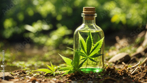 A small cannabis plant is growing in some soil next to a small bottle of cannabis oil. There is a forest of green trees in the background.  