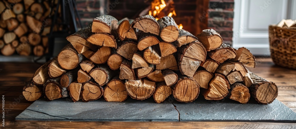 Obraz premium Stack of assorted wooden logs and planks placed on a table adjacent to a warm, comforting fireplace