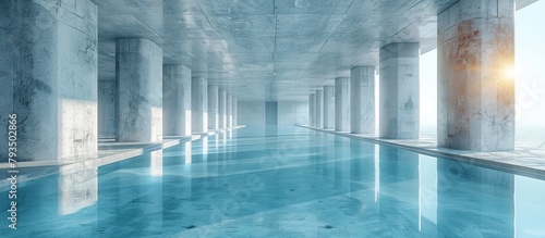 A serene and tranquil pool stretching in length with crystal clear blue water reflecting the sky