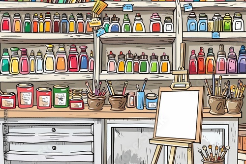 Cartoon cute doodles of an art supply store with shelves stocked full of paints, brushes, and canvases, Generative AI © Starlight