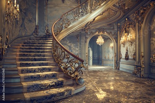 A baroque-inspired foyer with a curved staircase, the balusters intricately carved and gilded, leading to a grand, opulent hall. The walls are draped in luxurious, velvet wallpaper,  photo