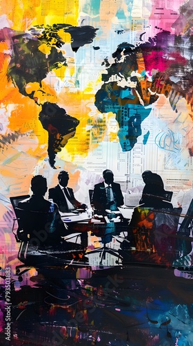 Mixed Media Art of a Business Strategy Session with Silhouetted Executives Against a World Map Collage