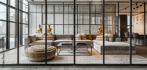 A cinematic view through a wall of floor-to-ceiling windows, capturing the serene elegance of a living room with a light grey velvet sofa,