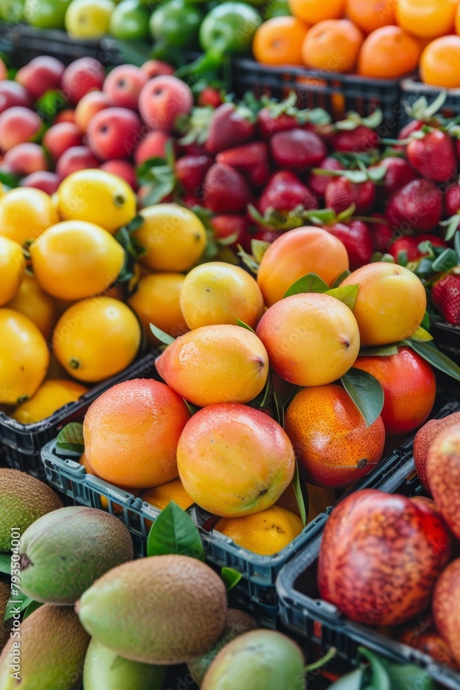 Fresh fruits displayed at a market, showcasing a variety of colorful and ripe tropical produce, emphasizing texture and juiciness in a close-up shot