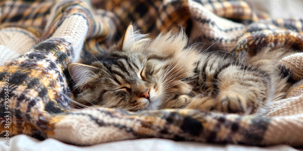 A cozy tabby cat naps undisturbed, wrapped in a colorful, soft knitted blanket, exuding comfort and tranquility. A cozy tabby cat naps undisturbed, wrapped in a colorful, soft knitted blanket, exuding comfort and tranquility.