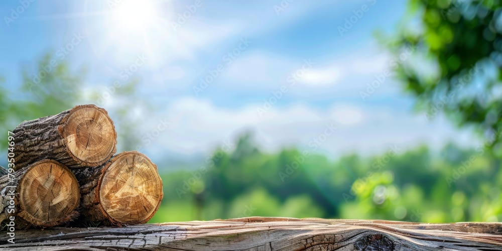 Rough wooden logs stacked neatly on a rustic table, with a sunny, green, and blurred forest landscape in the background. Rough wooden logs stacked neatly on a rustic table, with a sunny, green, and blurred forest landscape in the background.