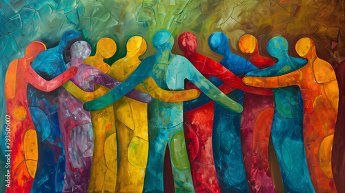 Conceptual idea image of people supporting each other. Abstract art of eleven human in various colors are hugging each other on vibrant background. Represent unity, care and comforting.