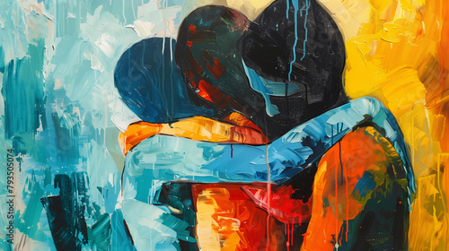 Conceptual idea image of a couple is supporting each other. Abstract art of 3 people in difference colors are hugging each other on vibrant background. Represent unity, care and comforting.